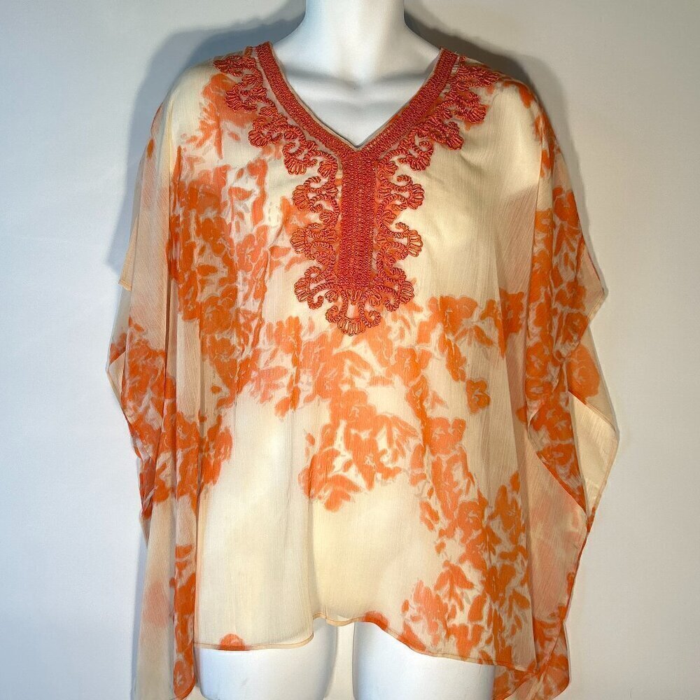 Chico's SZ S/M Orange print crochet trim Poncho Boho Chic Fairy Resort Artsy